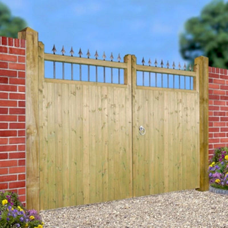 Image of Burbage Iron Craft Hampton Low Double Driveway Garden Gate - Pressure Treated Scandinavian Redwood - W3300 X H1200 mm