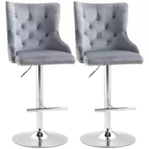 image of HOMCOM Modern Adjustable Bar Stools Set of 2, Swivel Velvet Barstools with Button Tufted Back, Footrest, Nailhead Trim for Home Bar, Grey