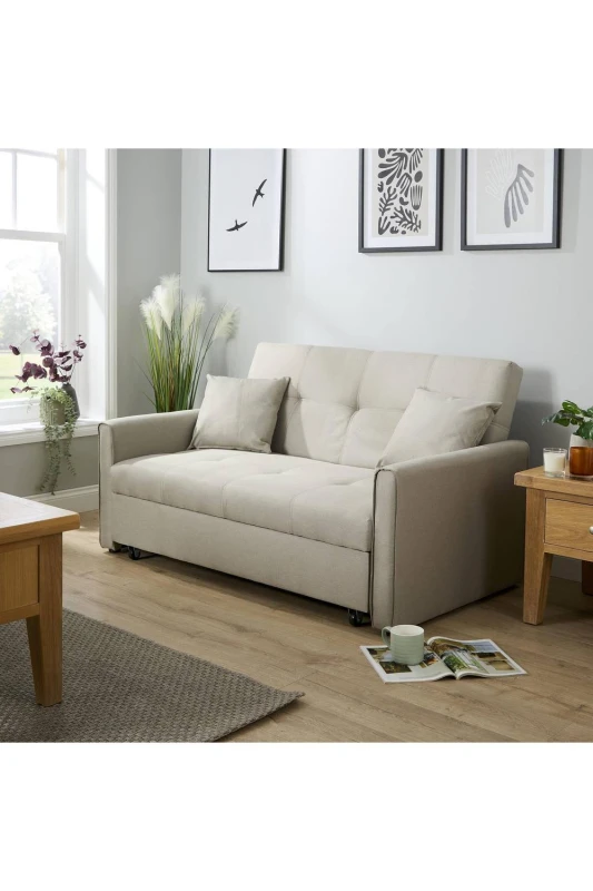Image of Home Source Linen Upholstered Two Seater Pull-Out Double Sofa Bed 153cm in Light Beige Light Beige Unisex