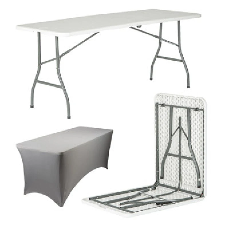 Image of Harbour Housewares Folding Camping Picnic Table With Fitted Tablecloth - 180Cm (6ft) - White/grey - Portable Plastic Outdoor Party Display