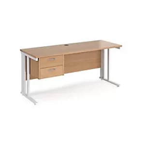 image of Rectangular Straight Desk Beech Wood Cable Managed Legs White Maestro 25 1600 x 600 x 725mm 2 Drawer Pedestal