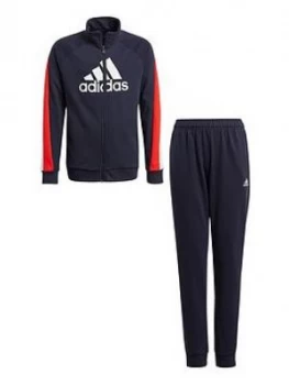 Image of adidas Boys Junior Badge Of Sport Cotton Tracksuit - Multi, Red/White, Size 11-12 Years