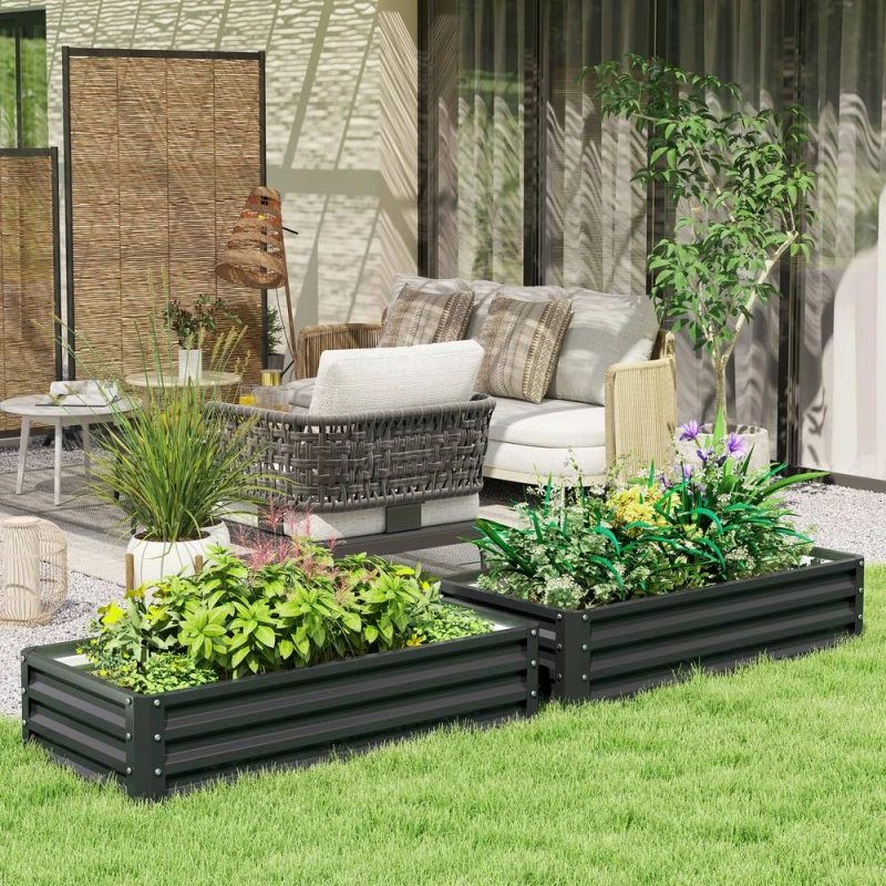 Image of OUTSUNNY Set of 2 Raised Garden Bed Elevated Planter Box for Flowers Grey Grey Unisex