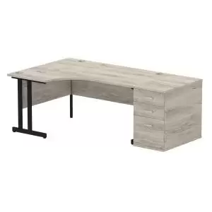 image of Impulse 1600mm Left Crescent Office Desk Grey Oak Top Black Cantilever