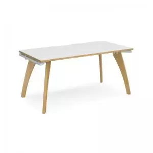 image of Fuze single desk 1600mm x 800mm - white frame and white top with oak