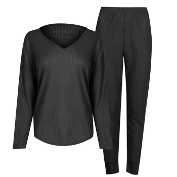 image of Linea Slouchy Textured V Neck Top and Joggers Loungewear Set - Black