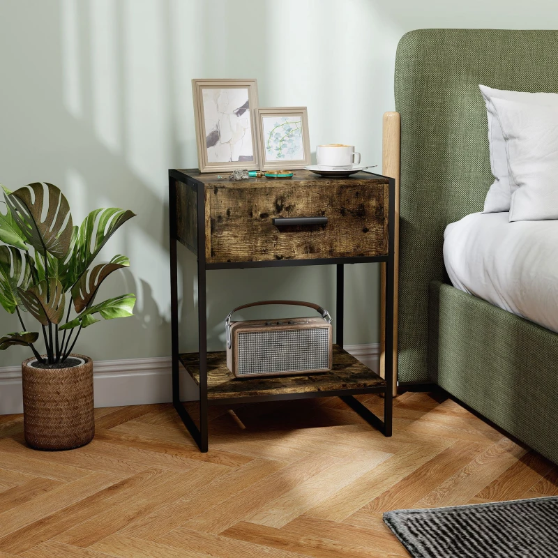 Image of HOMCOM HOMCOM Modern Bedside Table Storage End Table Drawer Living Room Bedroom in Brown Brown One Size Unisex 5063603045057