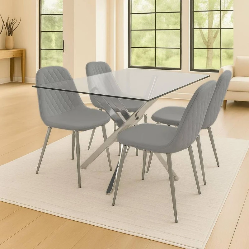 Image of KOSY KOALA Modern Rectangle Glass Dining Table Set With 4 Grey Gem Pattern Chair Grey Unisex