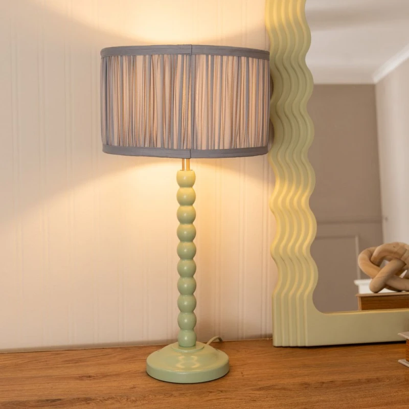 Image of ValueLights Bobbins Sage Green Table Lamp with Ruched Pleated Drum Lamp Shade Baby Blue
