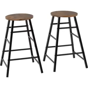 Image of Athens Industrial Style Bar Stools Acacia Wood Seat with Metal Legs, Set of 2
