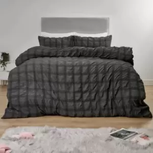 image of Sienna Check Seersucker Duvet Cover With Pillowcase Set Charcoal Super King