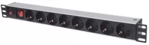 image of 19" 1U Rackmount 8-Way Power Strip - German Type - With On/Off Switch and Overload Protection - 3m Power Cord (Euro 2-pin plug) - Basic - Switched - 1