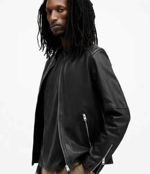 Image of AllSaints Mens Leather Traditional Cotton Cora Jacket, Black, Size: XL