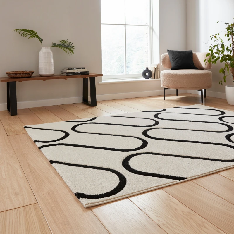Image of Catherine Lansfield Linear Curve Modern Geometric Rug White Black