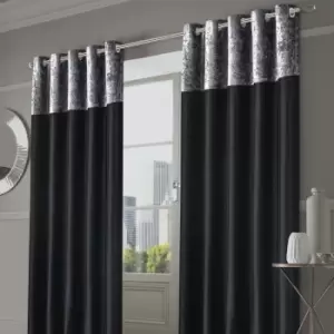 image of Sienna Crushed Velvet Band Curtains Pair Eyelet Faux Silk Fully Lined Ring Top Manhattan Black Silver 66" Wide X 54" Drop