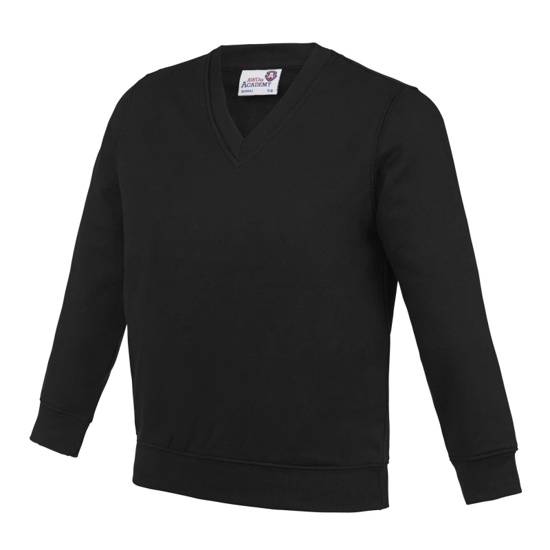 Image of AWDis Academy V Neck School Jumper Sweatshirt in Black Size: 3-4 Years Black Unisex 3-4 Years