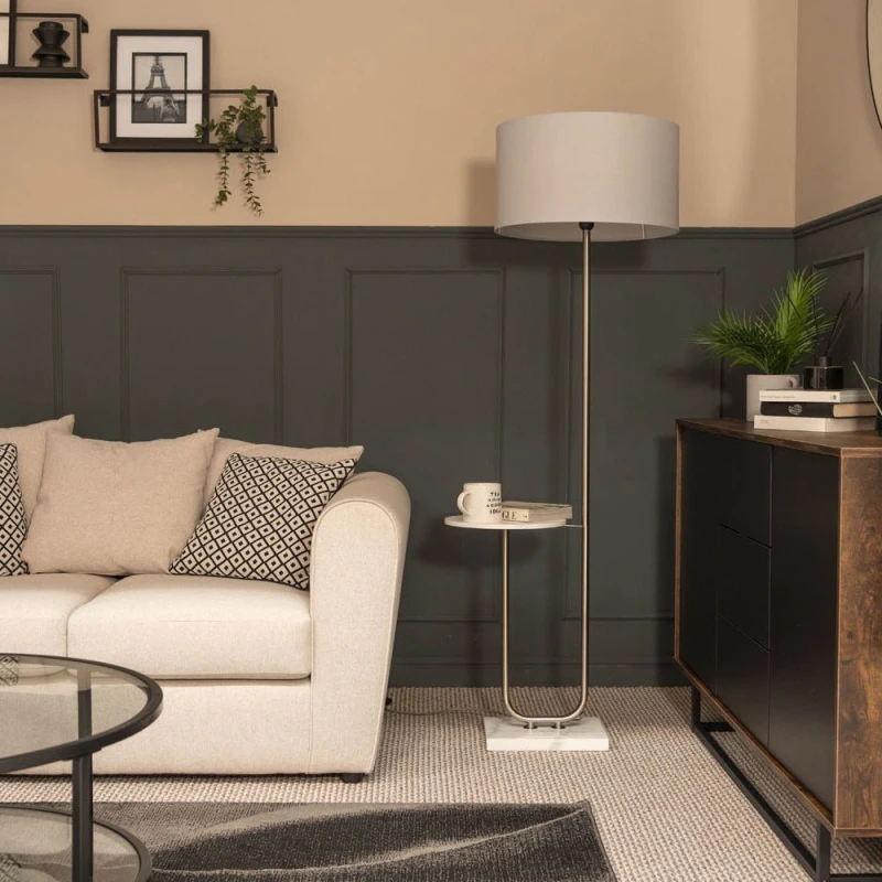 Image of ValueLights Tavel Brushed Chrome Marble Base Floor Lamp With Table And Large Grey Shade Silver