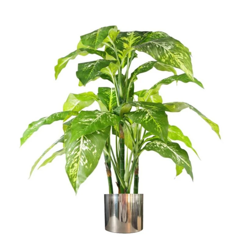Image of Leaf 100cm Large Fox's Aglaonema (Spotted Evergreen) Tree Artificial Plant with Silver Metal Planter Green
