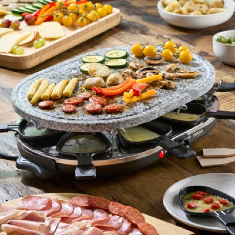 Image of Cooks Professional Electric Raclette Grill 1200W With Non-Stick Stone Plate - Includes 8 Fondue Pans, Spatulas & Thermostat