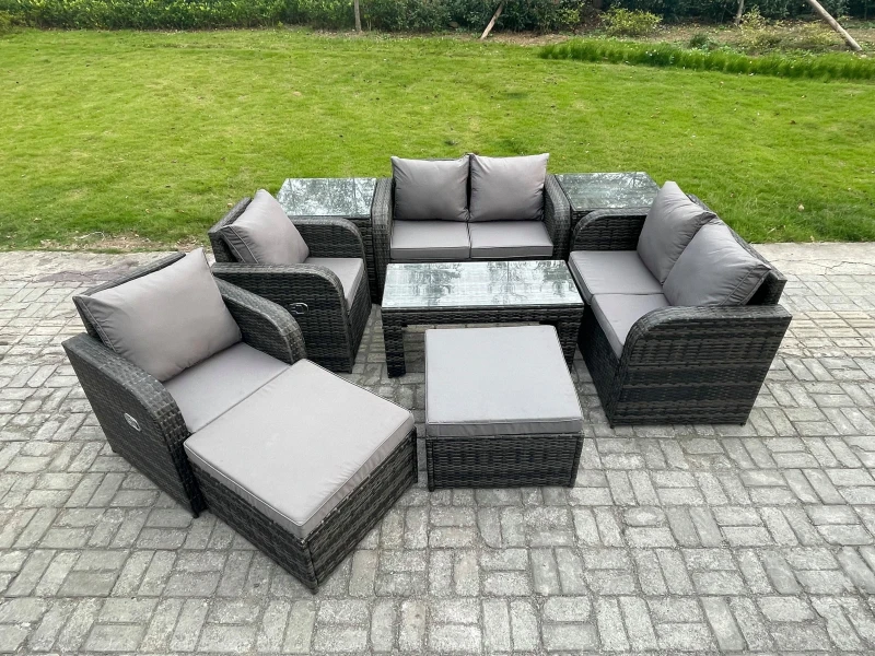 Image of Fimous 9 PCS Garden Furniture set Rattan Outdoor Lounge Sofa Table Chair With Tempered Glass Table Dark Grey Mixed Dark Grey