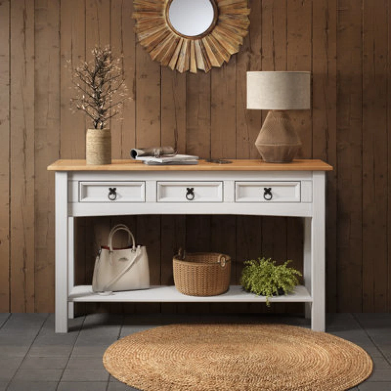 Image of Mercers Furniture Corona White 3 Drawer Console Table 1 Shelf Hallway Side Unit Solid Pine With Mexican Styling, White WHTWAX88