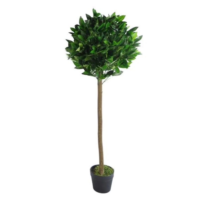 Image of Leaf Design 120cm (4ft) Plain Natural Trunk Artificial Topiary Bay Laurel Ball Tree