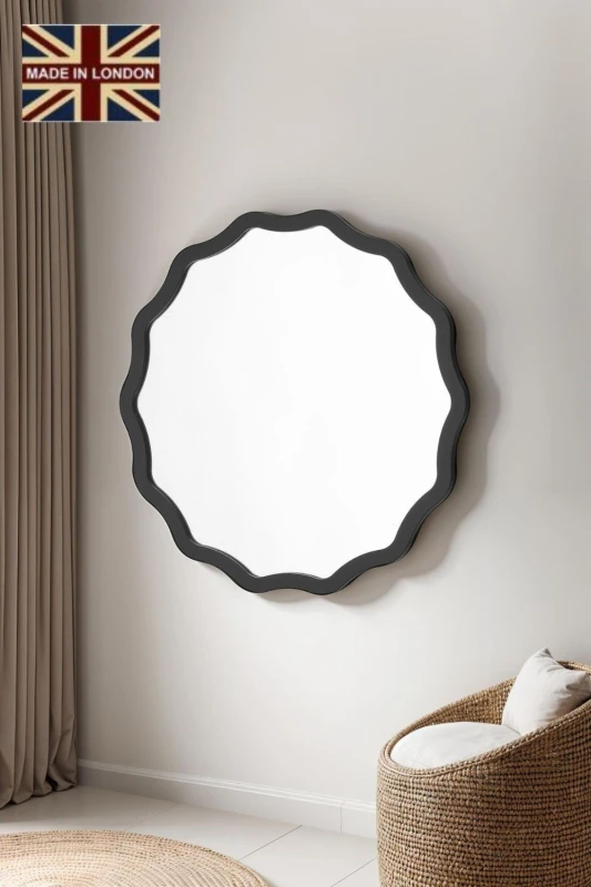 Image of Yearn Mirrors Black Ripple Framed Circular Wall Mirror 90x90cm Black