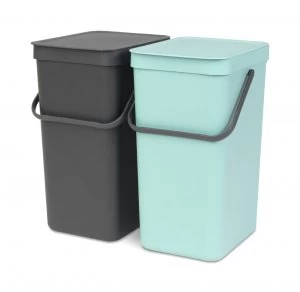 Image of Brabantia Sort & Go Set of 2 16 Litre Bins - Mint and Grey