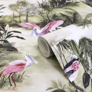 Image of Paoletti Platalea Natural Digitally Printed Tropical Wallpaper
