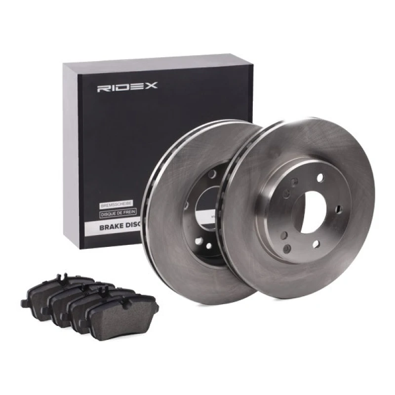 Image of RIDEX 3405B0463 Brake disc and pads set Front Axle, Brake Disc Type: internally vented, prepared for wear warning indicator, with anti-squeak plate Lo