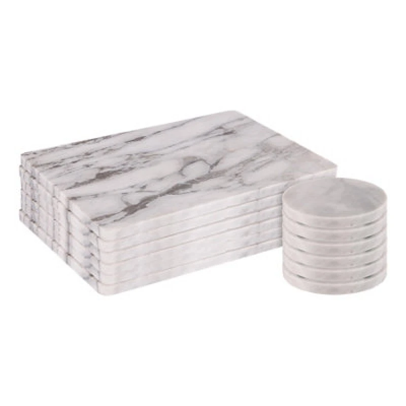 Image of Argon Tableware 12Pc Marble Placemats & Round Coasters Set - White Kitchen Dining Table Mats Coaster Protector Place Mats Set