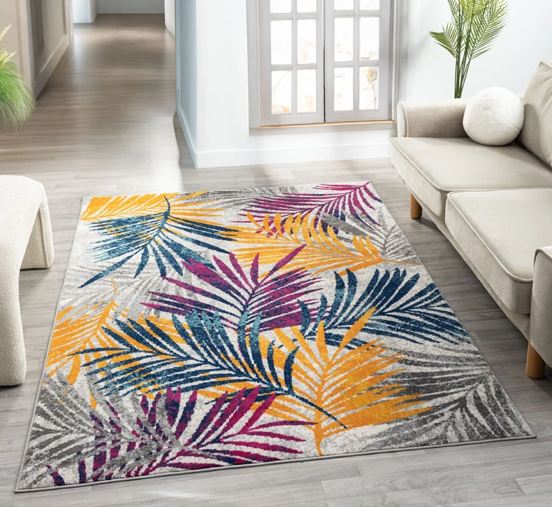 Image of San Marino Modern Living Room Area Rug - Low Pile Leaf Design Muti Coloured 200Cm X 290Cm