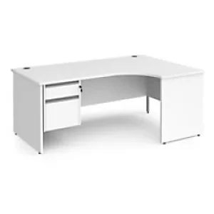 image of Dams International Right Hand Ergonomic Desk with 2 Lockable Drawers Pedestal and White MFC Top with Silver Panel Ends and Silver Frame Corner Post Le