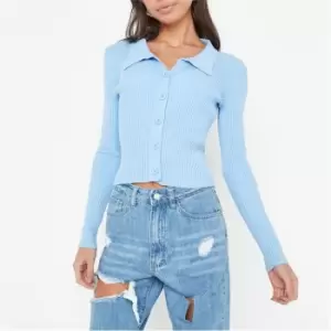 Image of Missguided Petite Rib Button Front Collared Cardigan - Blue