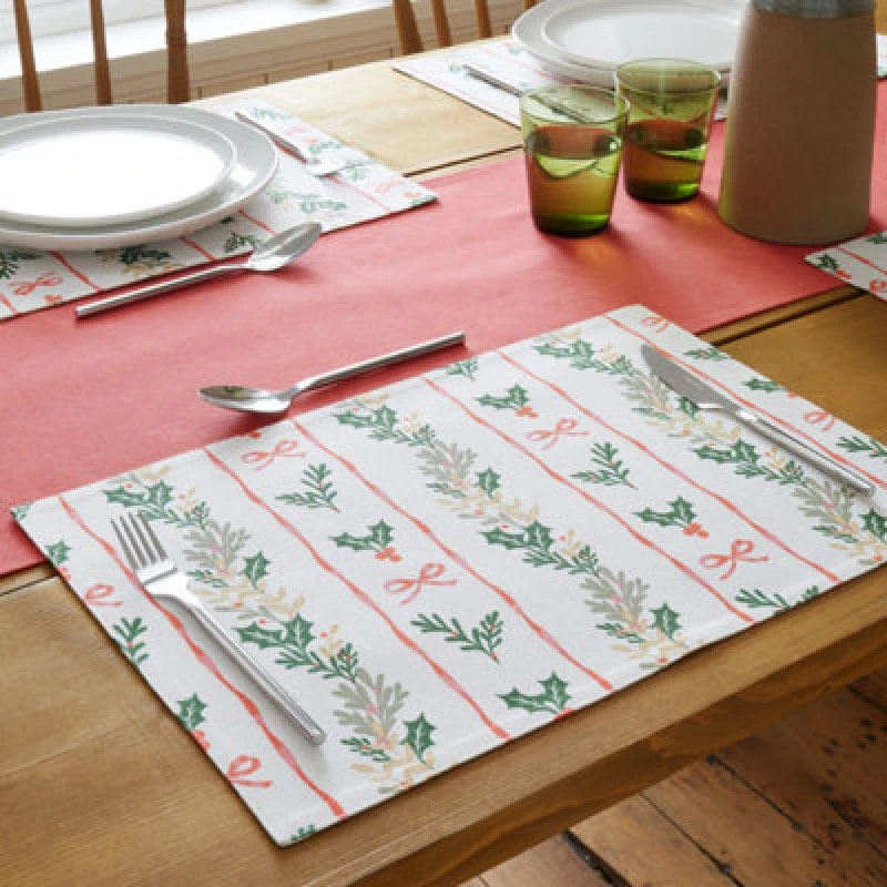 Image of Catherine Lansfield Christmas Holly Stripe Cotton 30X46Cm Dining Placemat 4 Pack Cream / Red