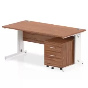 image of Impulse 1600 x 800mm Straight Office Desk Walnut Top White Cable Managed Leg Workstation 2 Drawer Mobile Pedestal