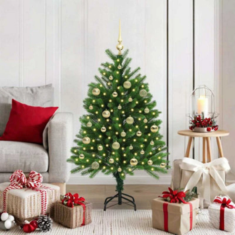 Image of vidaXL Christmas Tree with 150 LEDs, Gold Balls with Stand Green 120cm PE, Green 3396313