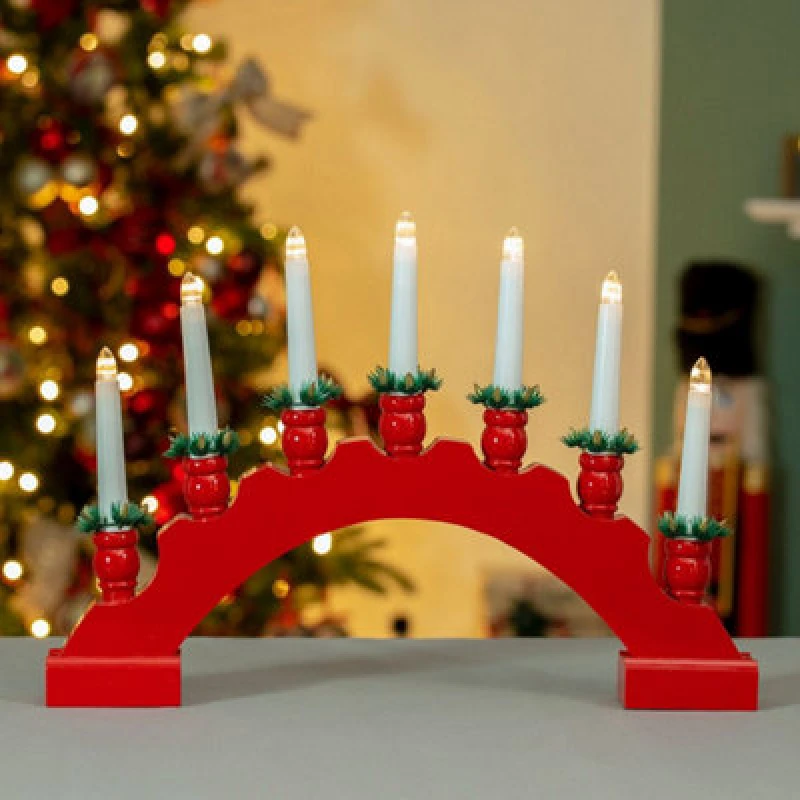 Image of Christmas Workshop 7 LED Red Arched Wooden Candle Bridge Large