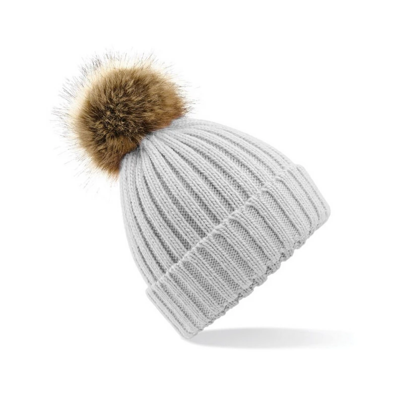 Image of Beechfield Beechfield Men Pom Pom Faux Fur Chunky Knit Beanie in Light Grey Light Grey One Size Male 5063425299812