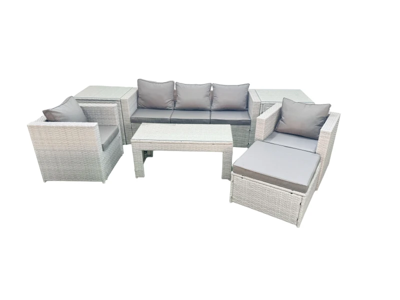 Image of Fimous Rattan Garden Furniture Set 7 Pieces Outdoor Garden Sofa Oblong Coffee Table Set with 2 Chairs 2 Side Tabes Stool Light Grey Mixed Light Grey