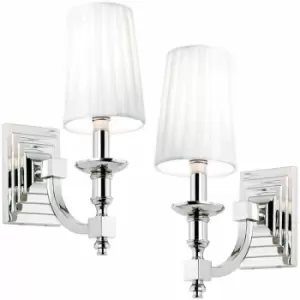 Image of 2 PACK Modern Dimmable Wall Light Nickel & White Pleated Shade Bedside Lamp Kit