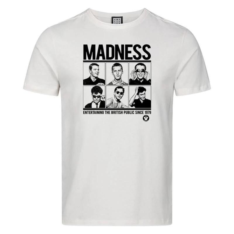 Image of Amplified Mens Entertaining The British Public 1979 Madness T-Shirt in White Size: XS White Male XS