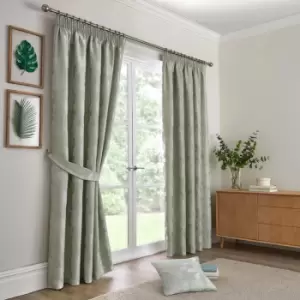 image of Bramford Floral Woven Jacquard Lined Pencil Pleat Curtains, Green, 46 x 72" - Curtina