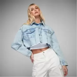 image of Missguided Raw Hem Cropped Denim Jacket - Blue