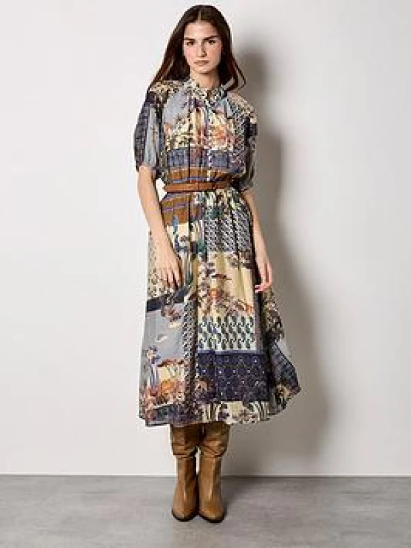 Image of Apricot High Neck Patchwork Midi Shirt Dress Blue WXUCR Female L,S,XL,XS