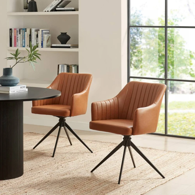 Image of FurnitureboxUK FurnitureboxUK 2x Calla Tan Faux Leather Swivel Dining Chairs in Brown Brown One Size Unisex 5056784312766