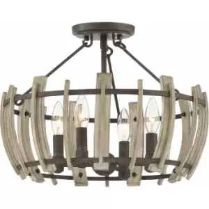 Image of 4 Bulb Semi Flush Light Black Frame Faux Wood Slat Effect Rustic LED E14 60W