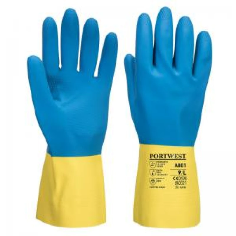Image of Portwest Double Dipped Latex Gauntlets A801Y4RXL Colour: Yellow / Blue