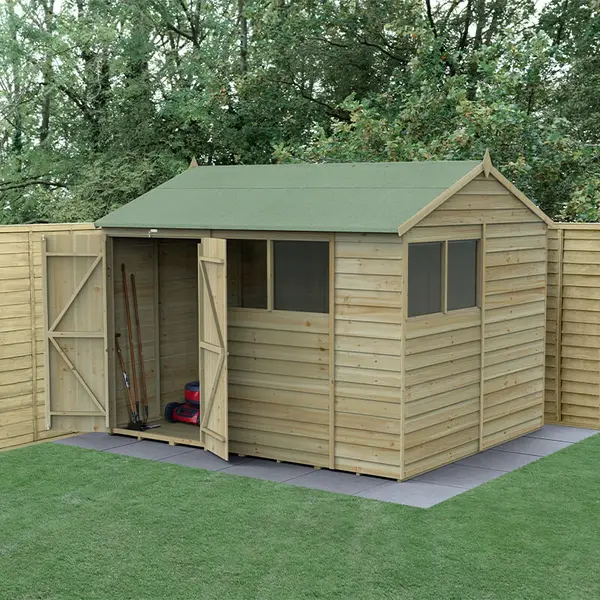 image of 10' x 8' Forest 4Life 25yr Guarantee Overlap Pressure Treated Double Door Reverse Apex Wooden Shed - 4 Windows (3.01m x 2.61m)