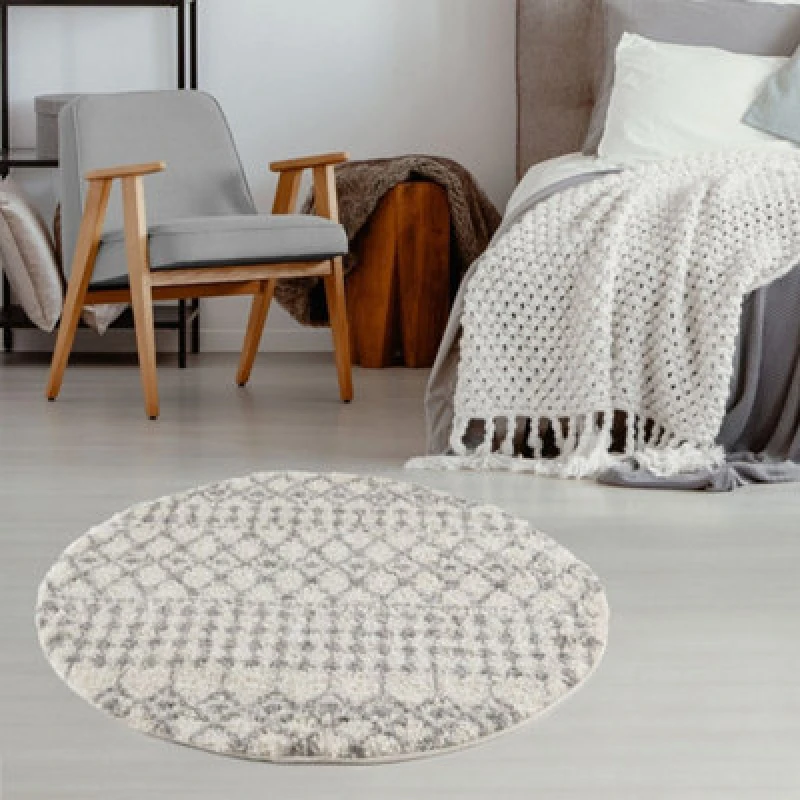 Image of THE RUGS Soft Moroccan Diamond Shaggy Rugs & Runners Ivory Grey Living Room Size: 120cm diameter Ivory Unisex 120cm diameter
